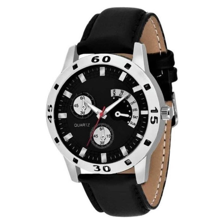 Black Leather Chronograph Watch For Men