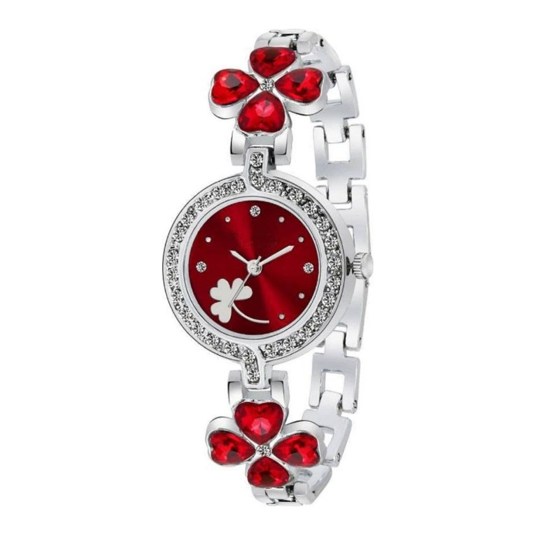 Trendy Watch for Women, Red Dial and Silver Strap, 25mm Dial